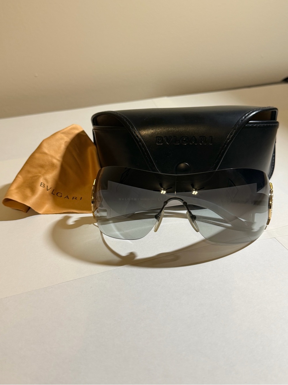 Bvlgari Shield Sunglasses - Dark Gray Gradient Lens with Gold on White Frame